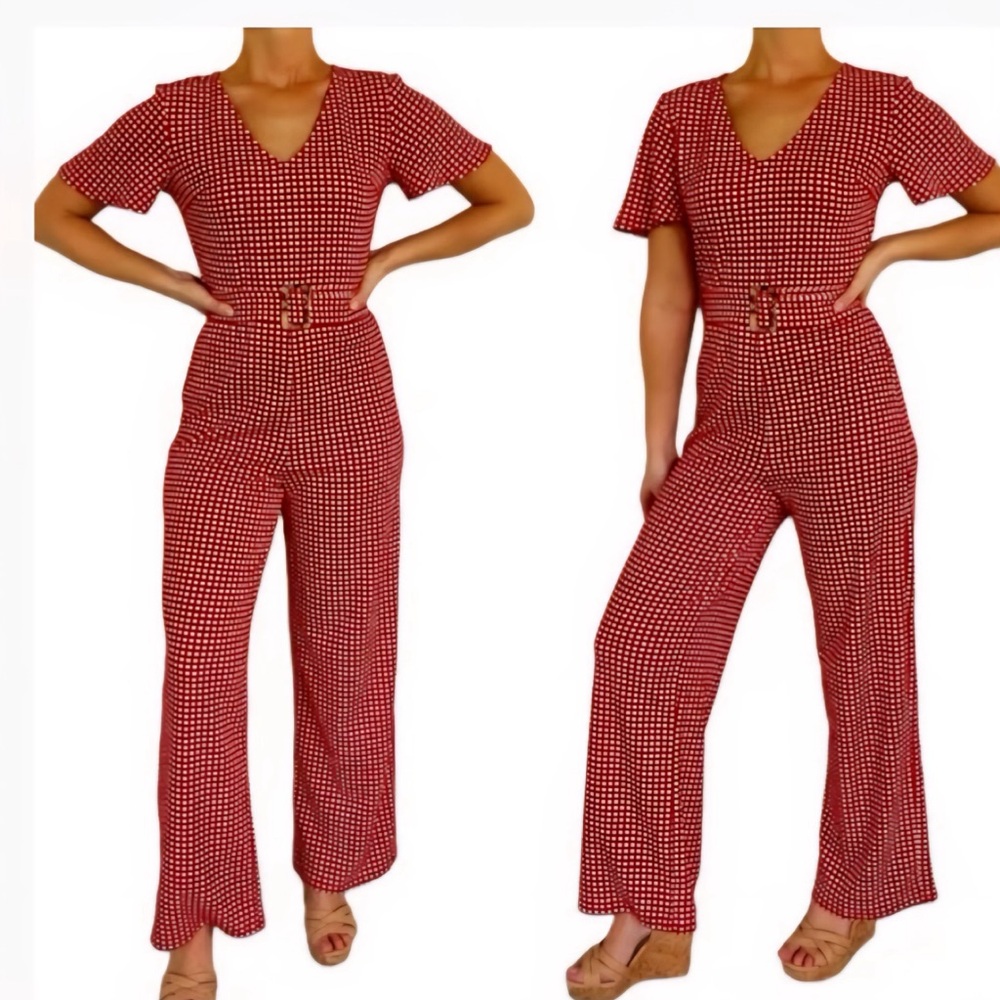 Red Checkered Monteu vintage style Women's wide leg Jumpsuit